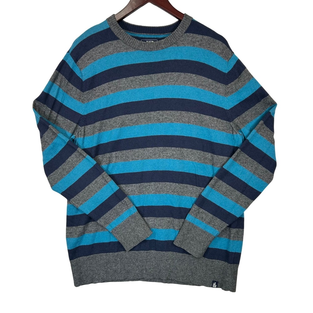 North Face Sweater Mens L Blue Gray Striped Wool Blend Crewneck Pullover Outdoor